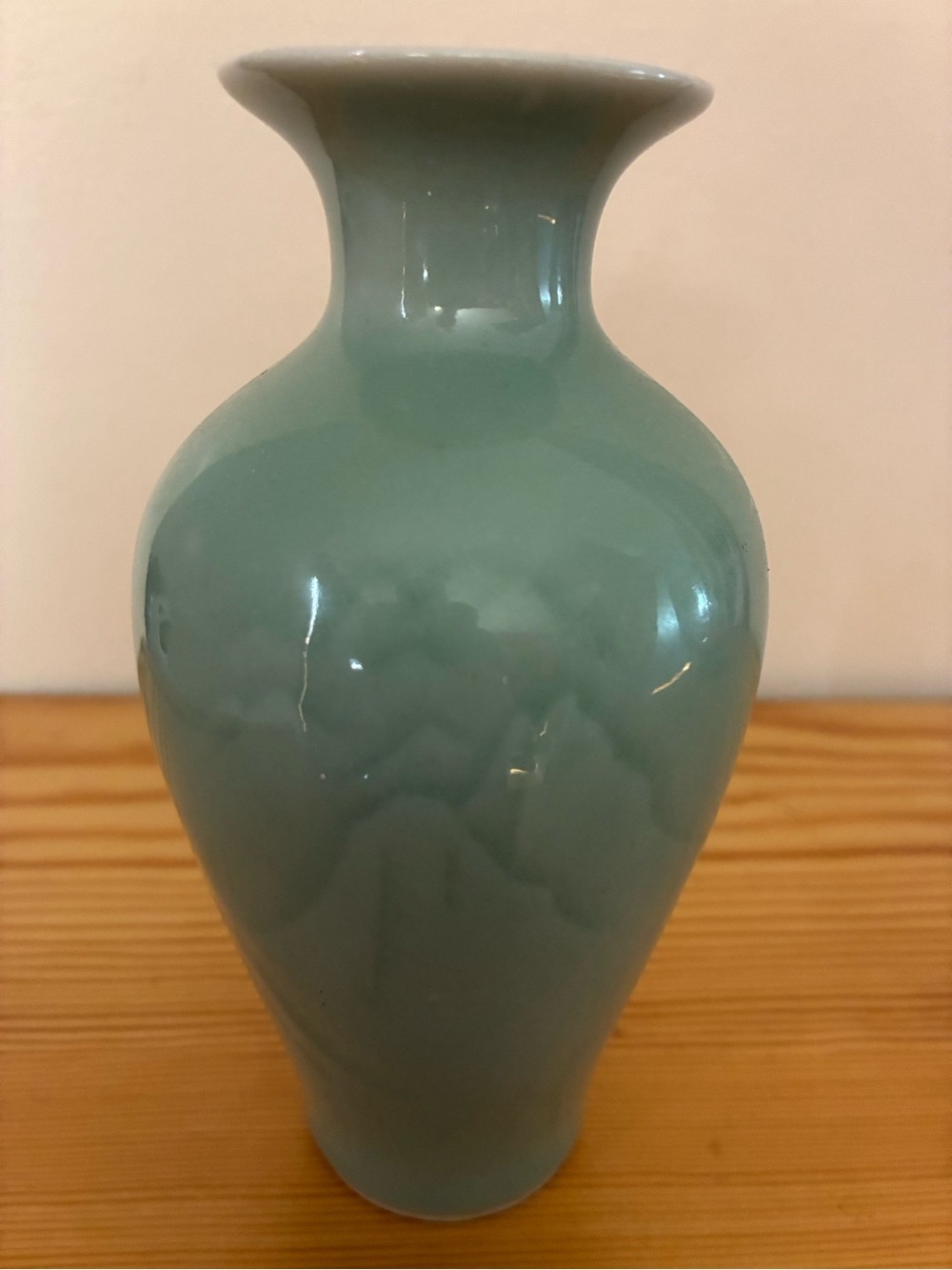 Vintage Green Celadon Porcelain Bud Vase - Mountains, Deer, Flying Bird